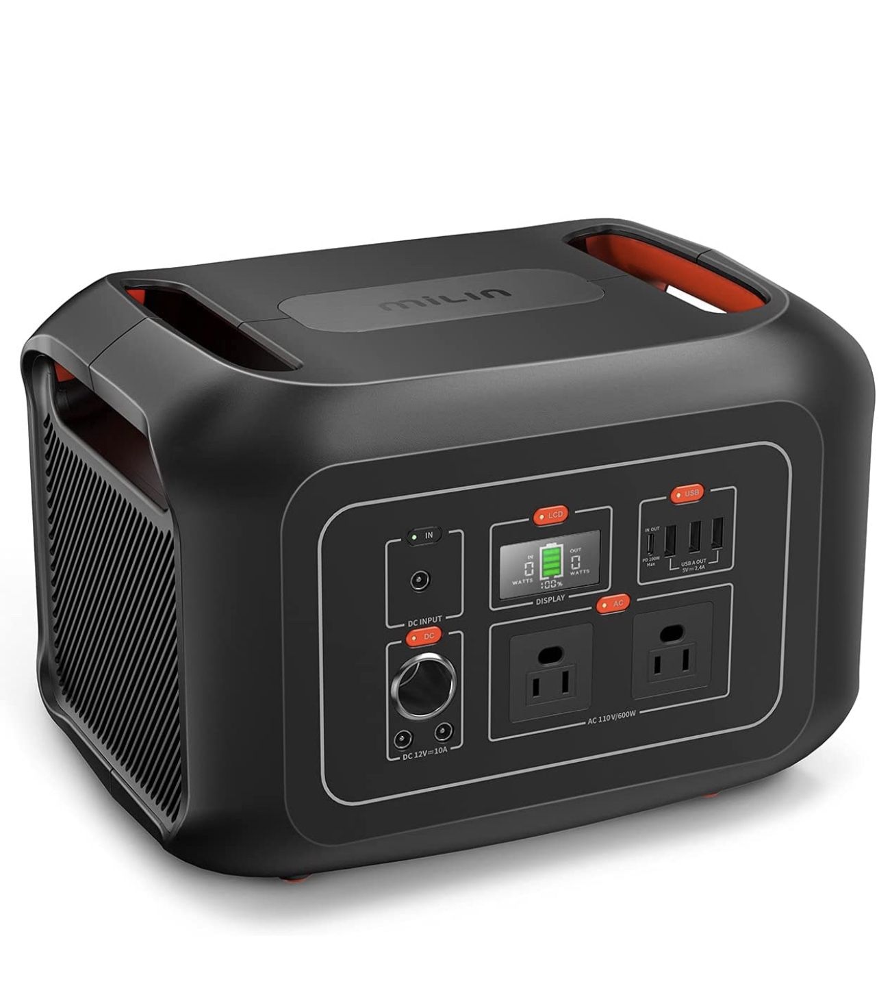 Portable Power Station 622Wh, MILIN 600W Solar Power Generator with 2 110V Pure Sine Wave AC Outlets and PD 100W Quick Charge, Backup Lithium Battery
