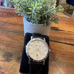 Bulova Men’s Quartz Watch Silver Dial Date Black Leather Strap 