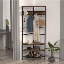 New Corner Hall Tree with Adjustable Bench Shelf and Shoe Storage, Heavy Duty Freestanding Coat and Shoe Rack, Entryway Furniture Cabinet