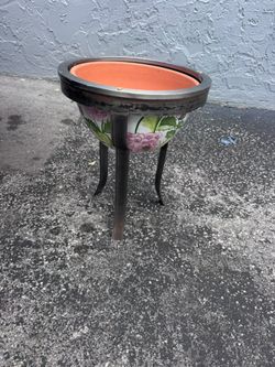 Unique Vintage/Chic Metal Stand Planter with Hand-Painted Chintz/Floral Bowl