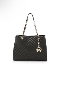 New Michael Kors Quilted Leather Black Large Tote With Gold-Tone Hardware and Chain-Link Shoulder Straps