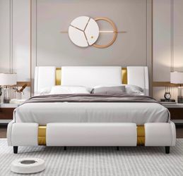 New-Queen TTVIEW Modern Faux Leather Upholstered Platform Bed Frame with Golden Iron Metal Decor, Adjustable Curved Headboard, Wooden Slats Support, N