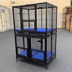 (Brand New) $370 Stacking Dog Cage (Set of 2) Heavy Duty 41x31x65” Crate Kennel w/ Plastic Tray, Wheels