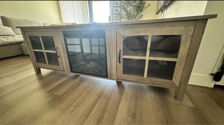 Walker Edison Bern Classic 2 Glass Door Fireplace TV Stand for TVs up to 80 Inches, 70 Inch, Grey Wash