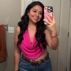 MEDIUM HOT PINK Women's Halter Draped Front Tank Top Sexy Backless Going Out Crop Vest Tops