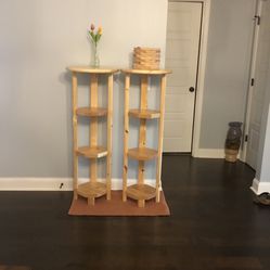 3 Shelves Tables, Top 18” Round , Shelves  11” Octagon, 49” High  13 1/2” In between Shelves, Made Of Solid Wood 