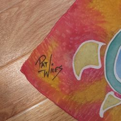 Signed Batik Silk Scarf Pat Wiles Hand Stiched Edges made in California approximately 54" x 11"