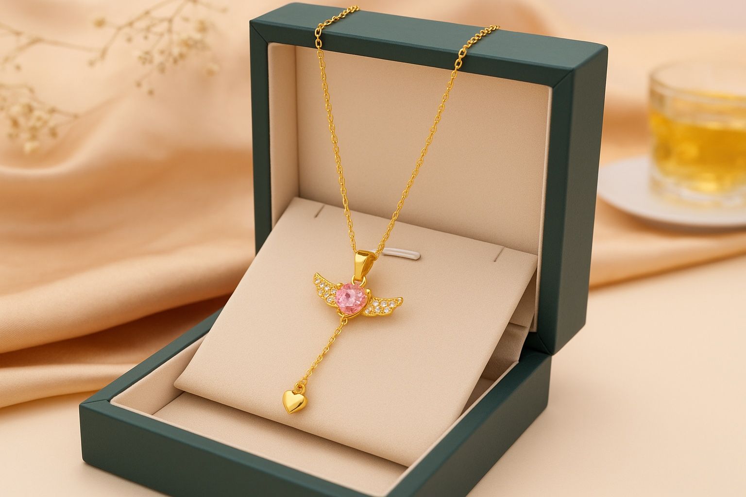 Cupid Heart Angel Wings Necklace – Crystal Charm Gift (Gold or Silver)