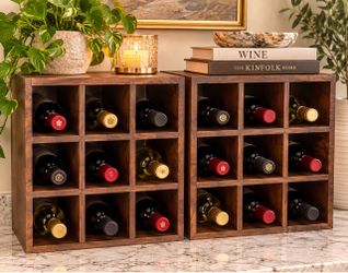 Set of 2 Solid Acacia Wood 9-Bottle Wine Racks Stackable Storage Cubes