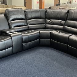 Black Bonded Leather Power Sectional Recliner 