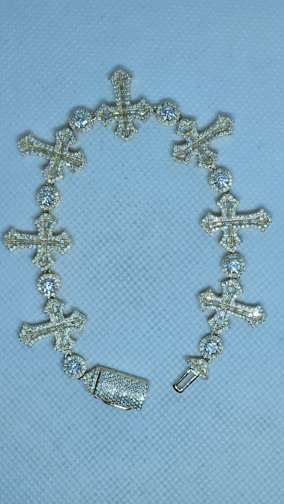 Gold Over 925 Sterling Silver Cross Bracelet With Genuine Moissanite 8 Inch 20 MM 12 Carats 100% Authentic