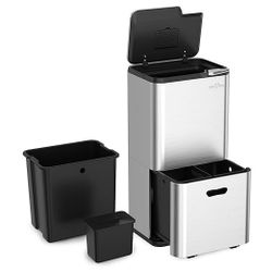 mVm 16 Gal Stainless Steel Trash Can Kitchen, Dual Compartment (32L+28L), Heavy Duty Garbage Can for Home Office Yard (Gray)