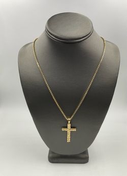 14KT YELLOW GOLD 24” BOX LINK CHAIN 7.8GR W/ 14KT NUGGET CROSS DESIGN CHARM 3.0GR
