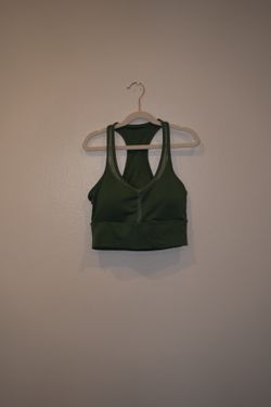 Boutique Medium Support Front Mesh Sports Bra Plunge V-Neck Olive Green