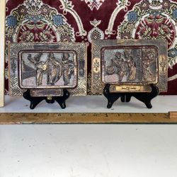 Pair Of Antique Chinese Carved Wood Plaques On Stand 