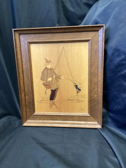 Buchschmid & Gretaux B.G. German Wood Inlay Marquetry Art “ Anglers Prey”