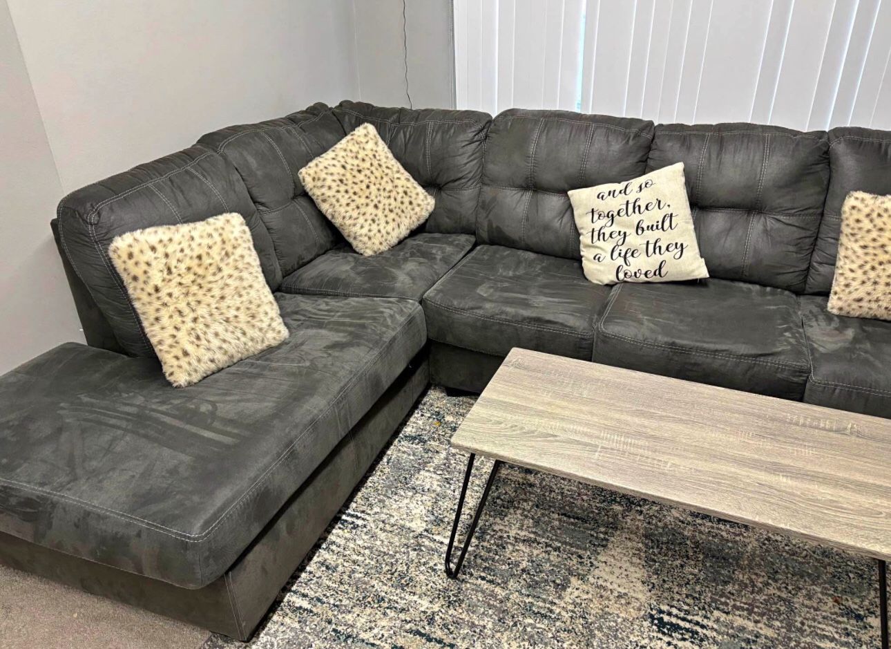 DELIVERY NO DEPOSIT GREY SECTIONAL SUEDE L SHAPED 