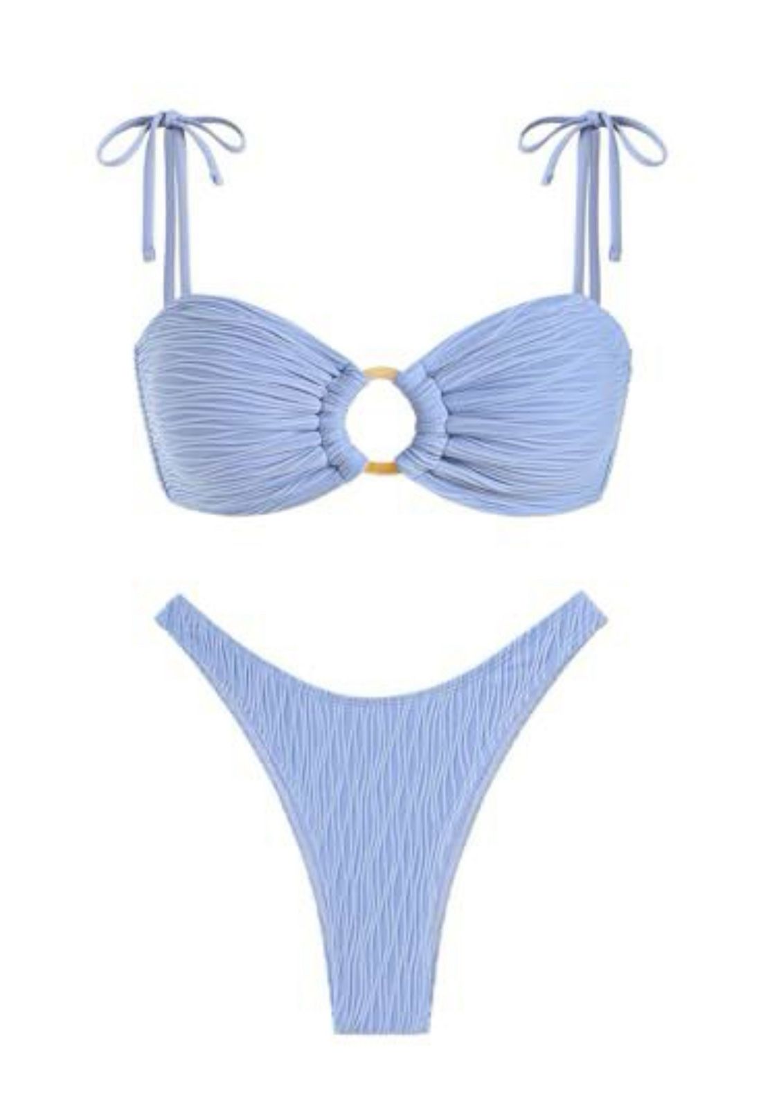 ZAFUL Women's Sexy Tie Spaghetti Strap Bikini Textured O Ring Ruched High Leg Swimsuit Cheeky Bathing Suits (Light Blue, S)