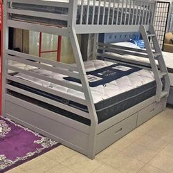 NEW🎗️$10 Down Payment Finance 🎗️ California Gray Twin Over Full Bunk Bed With 2 Drawers 