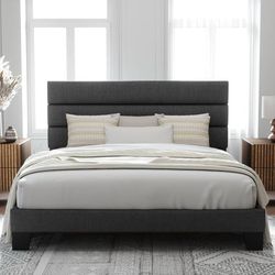 King Size Bed Frame Platform Bed with Fabric Upholstered Headboard and Wooden Sl