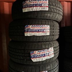SET OF FOUR NEW TIRES 215/60/16 AMERICAN ROADSTAR INCLUDING MOUNT AND BALANCE, ASK ME FOR SIZES AND BRANDS