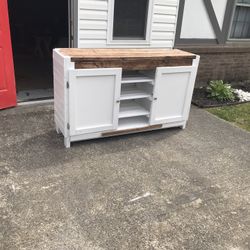 Special Walnut Stain Top Tv Console With  Cabinet  Storage And Shelving 