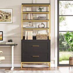 Gold Wood Vertical File Cabinet with 2 Drawers, Bookshelf with File Cabinet for Home Office