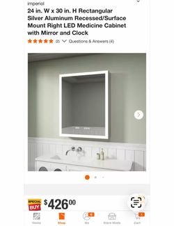 imperiol 24 in. W × 30 in. H Rectangular Silver Aluminum Recessed/Surface Mount Right LED Medicine Cabinet with Mirror and Clock