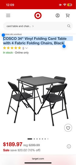 COSCO 34" Vinyl Folding Card Table with 4 Fabric Folding Chairs, Black