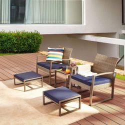 5-Piece Wicker Outdoor Set Patio PE Rattan, Upholstered Chairs Balcony Porch with Footstool and Glass Coffee Side Table, Blue