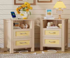 Rattan Nightstand with Charging Station, End Table with 2-Storage Drawers