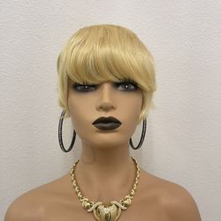 #613 Blonde Human Hair Short Pixie Cut Wig, Full Machine Made, None Lace (All We