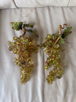 Vintage Mid Century Amber Lucite Grape Clusters with Wrought Iron Basket