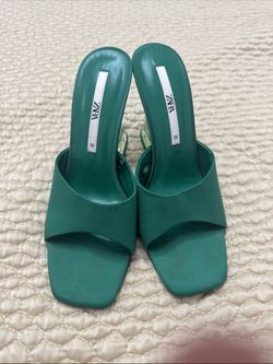 Zara Women’s Green Satin Strap Slides Square Front Chunky Block Acrylic Heel 39