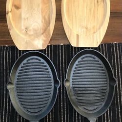 Cast iron skillets with wooden base