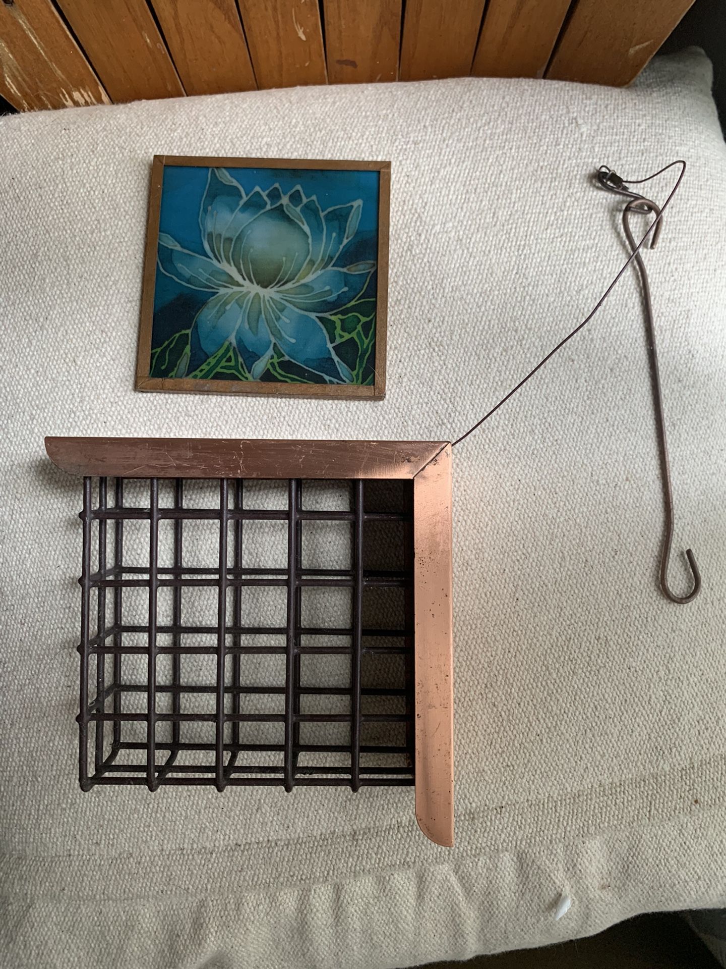 Hangar le Copper Metal Bird Feeder & Glad & Copper Framed Lotus painting