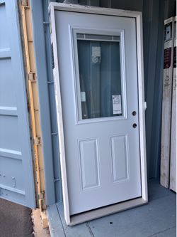 Masonite 36 in. x 80 in. 1/2-Lite Mini-Blind Left-Hand Inswing Steel Prehung Front Door