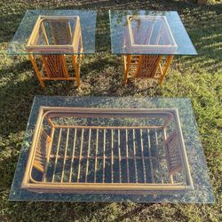 **REDUCED** VINTAGE 3-Piece Set - Wicker & Rattan Glass Top Coffee Table and End Tables