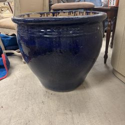 Large glossy deep blue ceramic planter designed for indoor or outdoor - 21” H / 25” D