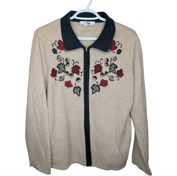 ALIA Zip up Cream Green Leaf Embroidered Sweater Grandma Knit