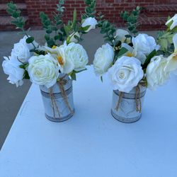 Silk flowers and metal vase 5.00 each or two for 8.00