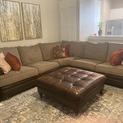 Bernhardt Sectional Accented with Leather and Leather Ottoman