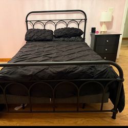 Farm Style bedroom set. $350.00. Includes iron bed with box spring, vanity, highboy dresser (needs a cosmetic repair) 6 drawer dresser ( needs minor r
