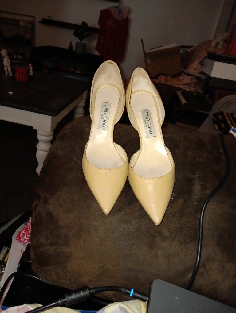 Jimmy Choo “Addison” Nude Kid Leather Pointed-Toe D’Orsay Pumps
