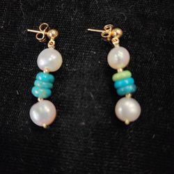 14K yellow gold pearl turquoise drop earrings (#162)