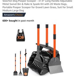 Dog Pooper Scooper With Adjustable Metal Swivel Bin & Rake