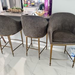 3 Bar Stools - Grey & Brass