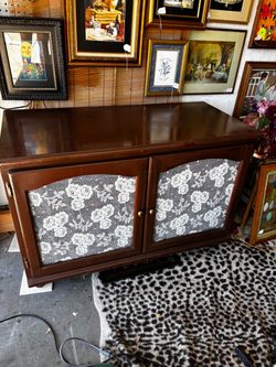Cottagecore lace curtain glass door tv stand, cabinet, painted wood