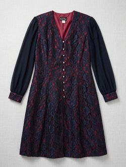 Vintage David Rose Burgundy Navy Blue Lace Long Sleeve Button Front Dress