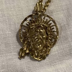 14k Yellow Gold Diamond Cut Jesus Christ Face Religious Charm Pendant and Necklace